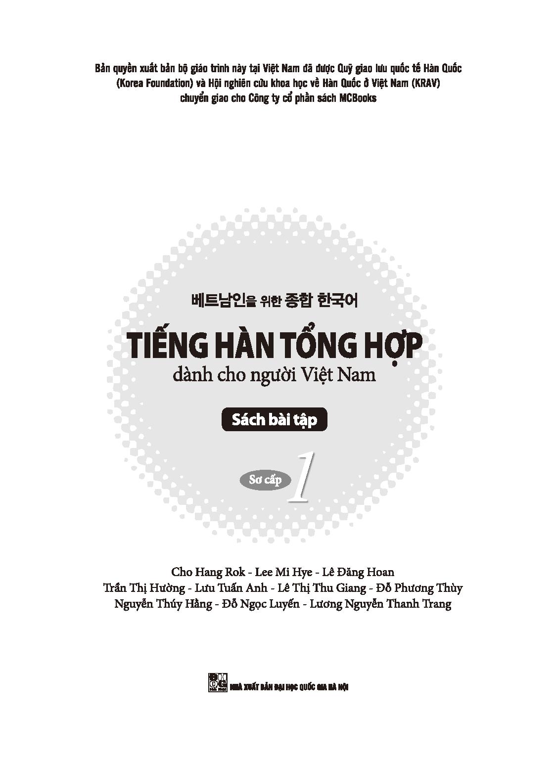 Tiếng Hàn Tổng Hợp Dành Cho Người Việt Nam - Sơ Cấp 1 - Sách Bài Tập