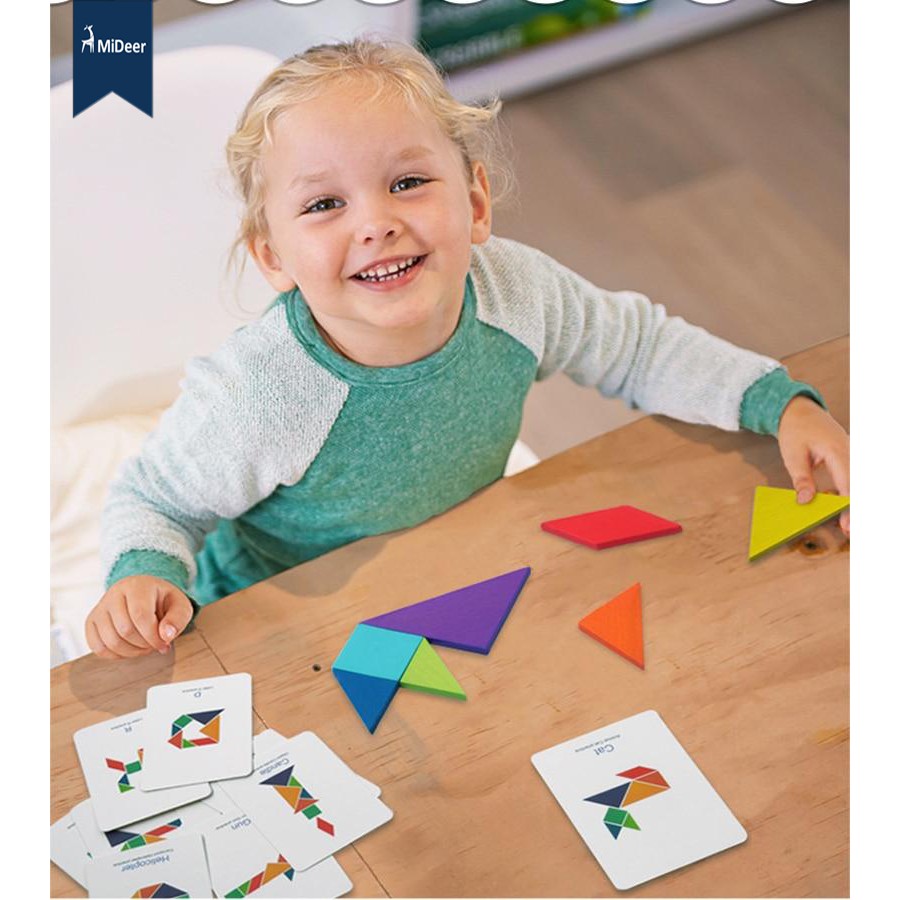 Bộ xếp hình gỗ thông minh Mideer Colorful Tangram 7 miếng - 100 bài toán lắp ghép - MD1035